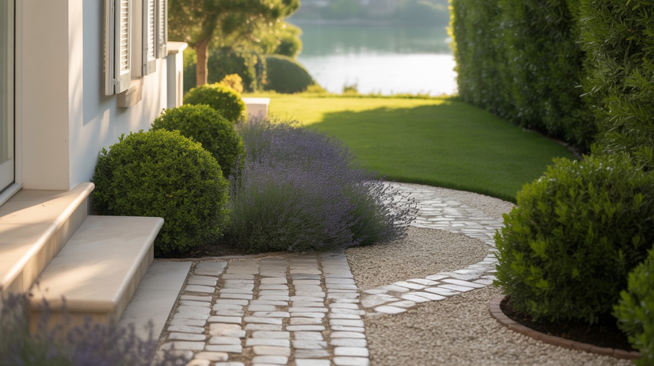 stensattning runt huset gang