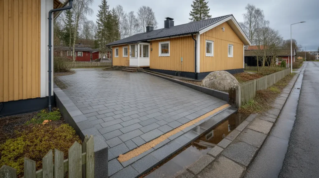 stenl ggning av uppfart med marksten i fisks tra nacka