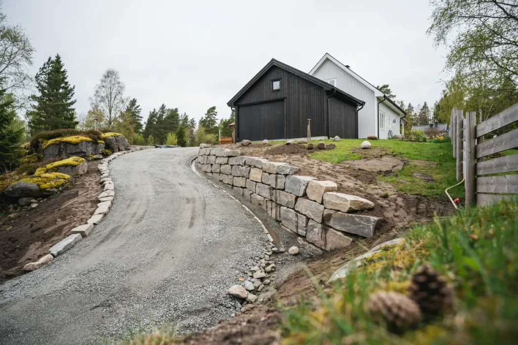 planera st dmur och grusad garageuppfart i sluttande tomt